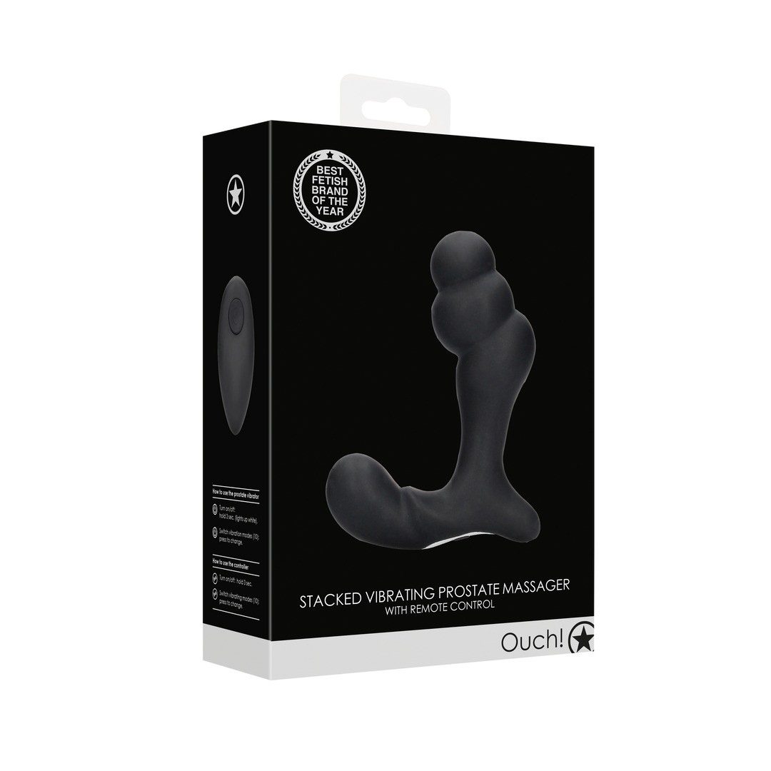 STACKED VIBRATING PROSTATE MASSAGER WITH REMOTE CONTROL - BLACK