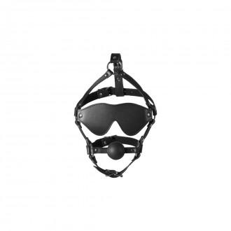 BLINDFOLDED HEAD HARNESS WITH SOLID BALL GAG - BLACK