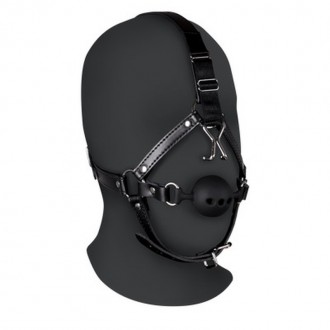 HEAD HARNESS WITH BREATHABLE BALL GAG AND NOSE HOOKS - BLACK