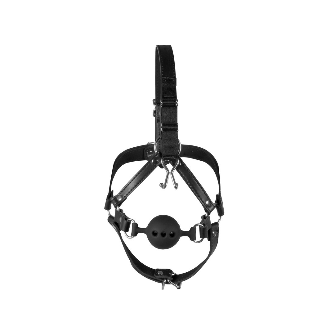 HEAD HARNESS WITH BREATHABLE BALL GAG AND NOSE HOOKS - BLACK