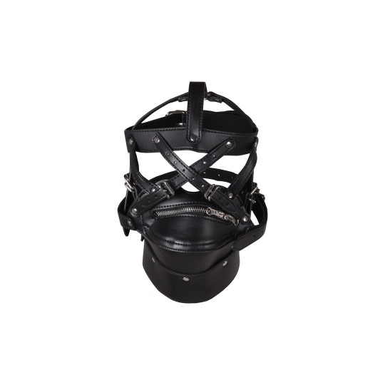 HEAD HARNESS WITH ZIP-UP MOUTH AND LOCK - BLACK