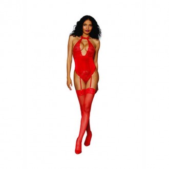 WOMEN\'S STRETCH LACE AND STRETCH VELVET GARTER TEDDY - ONE SIZE - RED