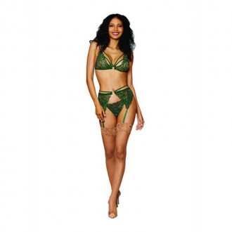 WOMEN\'S METALLIC CORDED LACE 3 PIECE SET - ONE SIZE - GREEN