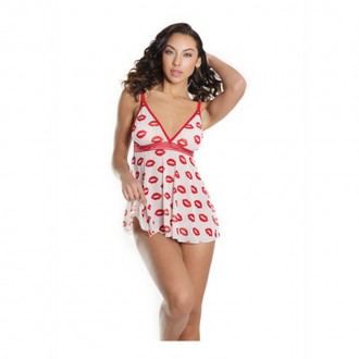 LIP PRINT BABYDOLL AND THONG - ONE SIZE