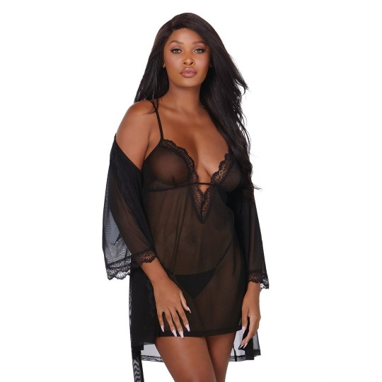 STRETCH MESH CHEMISE AND ROBE SET