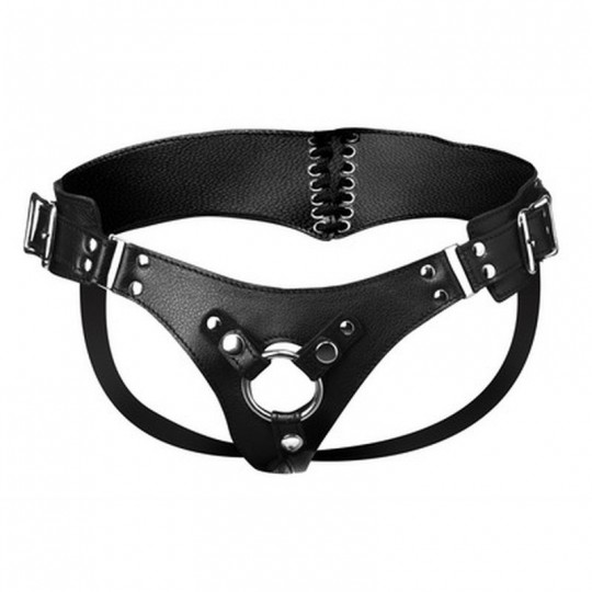 LEATHER CORSET BACK STRAP ON DILDO HARNESS - BLACK