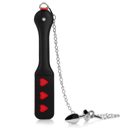 HEARTS PADDLE WITH METAL ANAL PLUG - BLACK