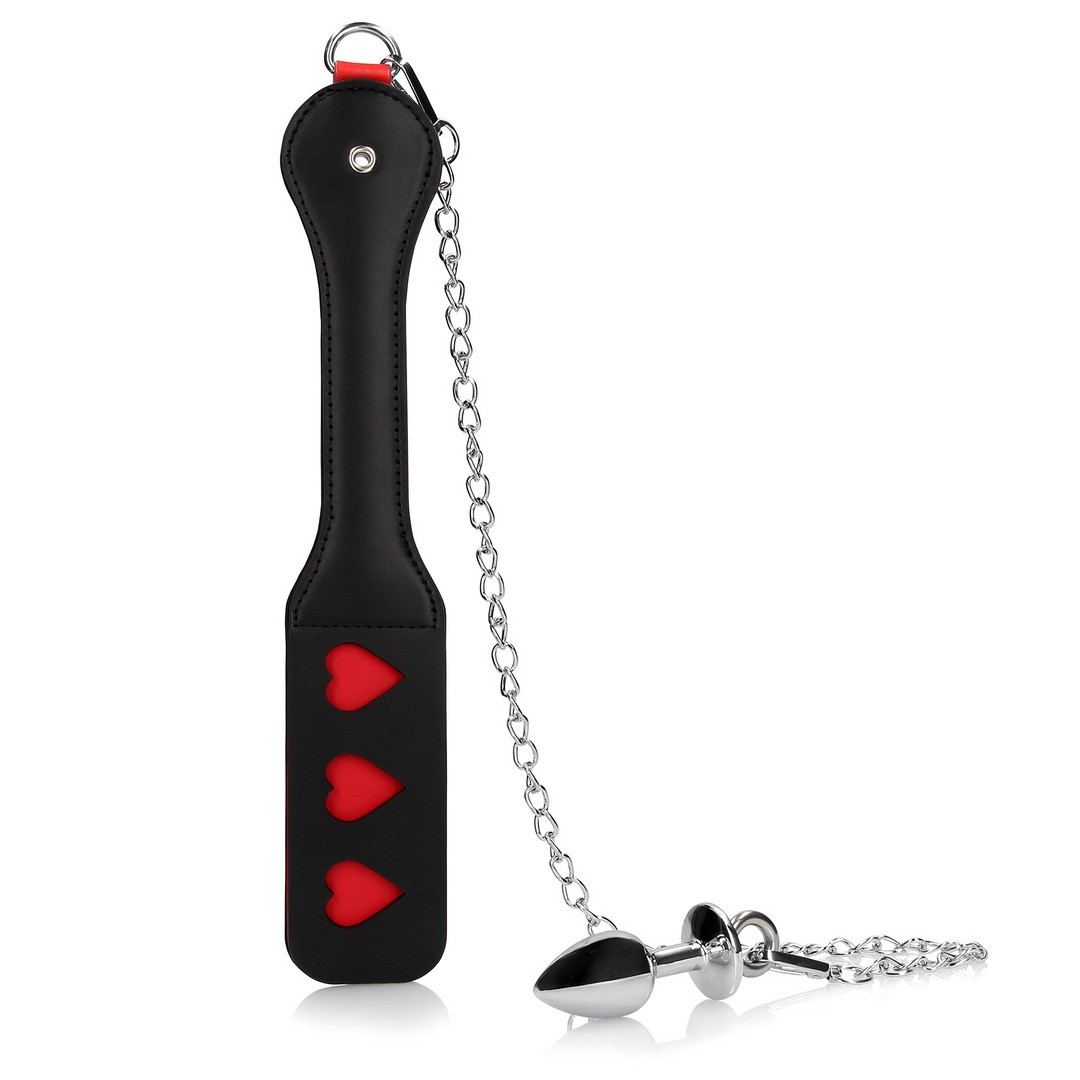 HEARTS PADDLE WITH METAL ANAL PLUG - BLACK