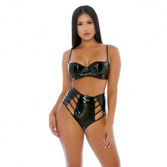 STRINGS ATTACHED - VINYL LINGERIE SET - BLACK