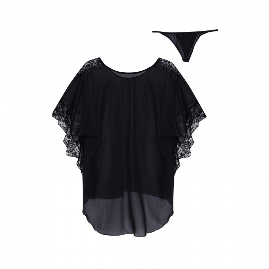 CAMISA DE NOITE E TANGA POPPY PRETO BEAUTY NIGHT FASHION