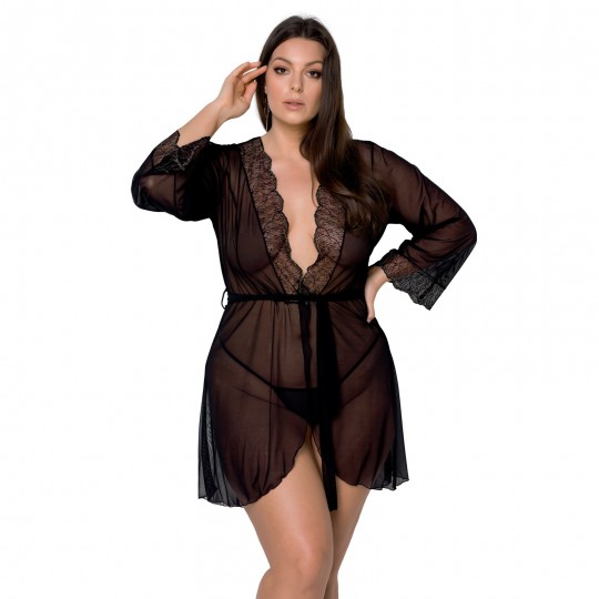 PEIGNOIR ET STRING AMBERLY NOIR TAILLE REINE PASSION