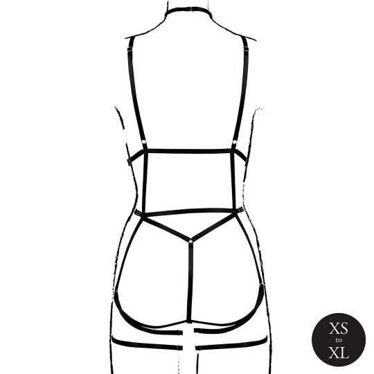 STRAPPY OPEN CUP BODY HARNESS WITH GARTERS - ONE SIZE - BLACK