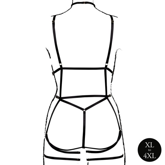 STRAPPY OPEN CUP BODY HARNESS WITH GARTERS - PLUS SIZE - BLACK