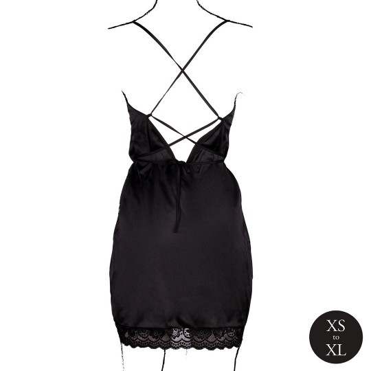 OPEN BACK SILK DRESS WITH CRISS CROSS DETAILS AND SLIT - ONE SIZE - BLACK