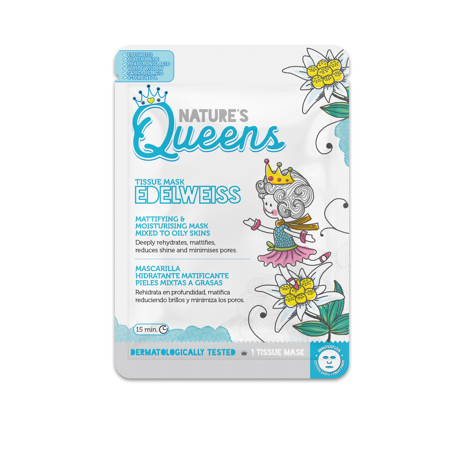 MÁSCARA DE TECIDO FACIAL MATIFICANTE NATURE’S QUEENS EDELVAISSE 25ML