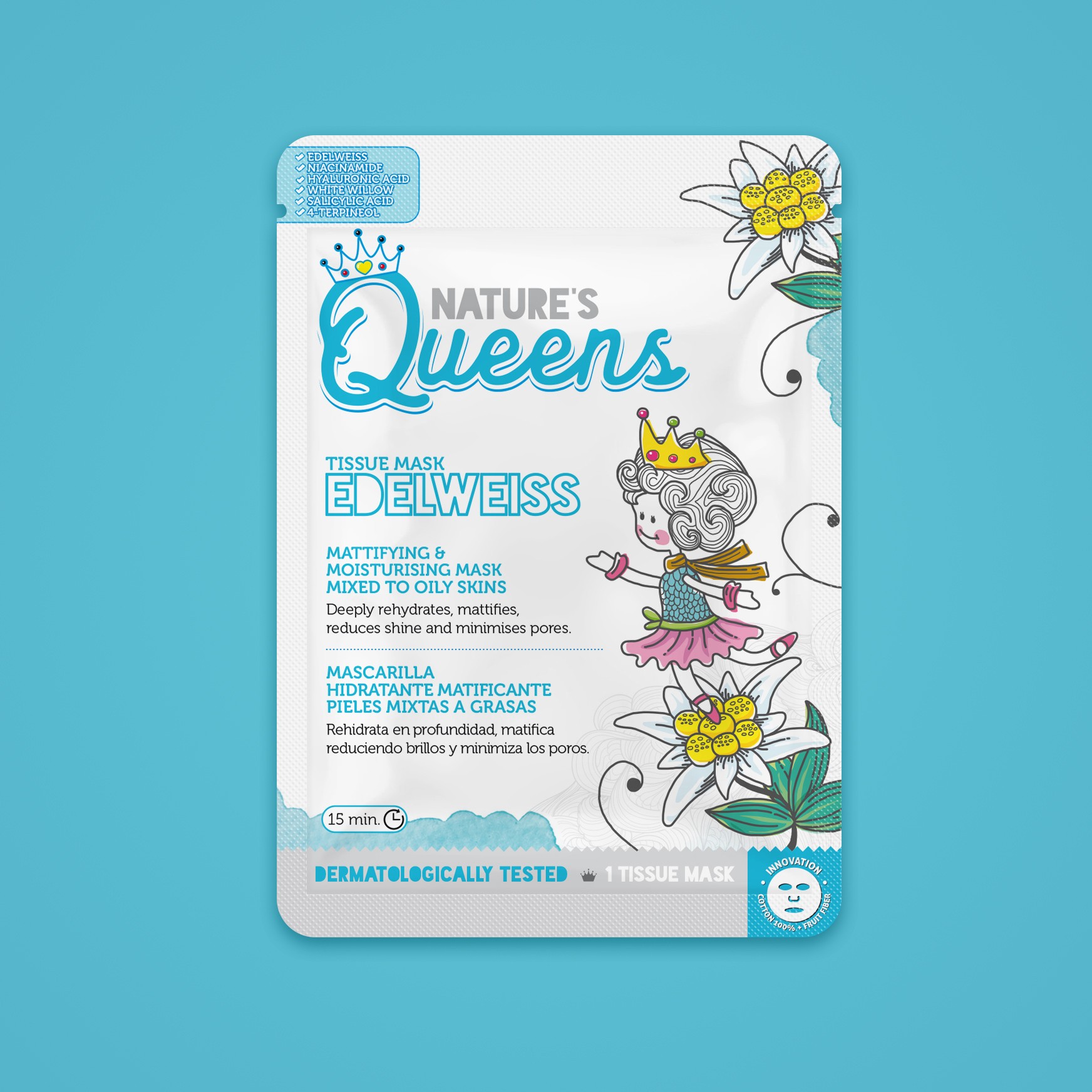 MÁSCARA DE TECIDO FACIAL MATIFICANTE NATURE’S QUEENS EDELVAISSE 25ML