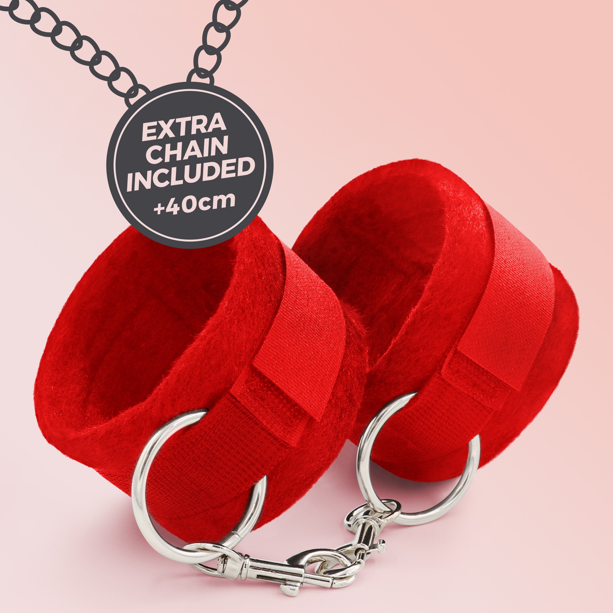 PACK OF 30 TOUGH LOVE VELCRO HANDCUFFS WITH EXTRA 40CM CHAIN CRUSHIOUS RED