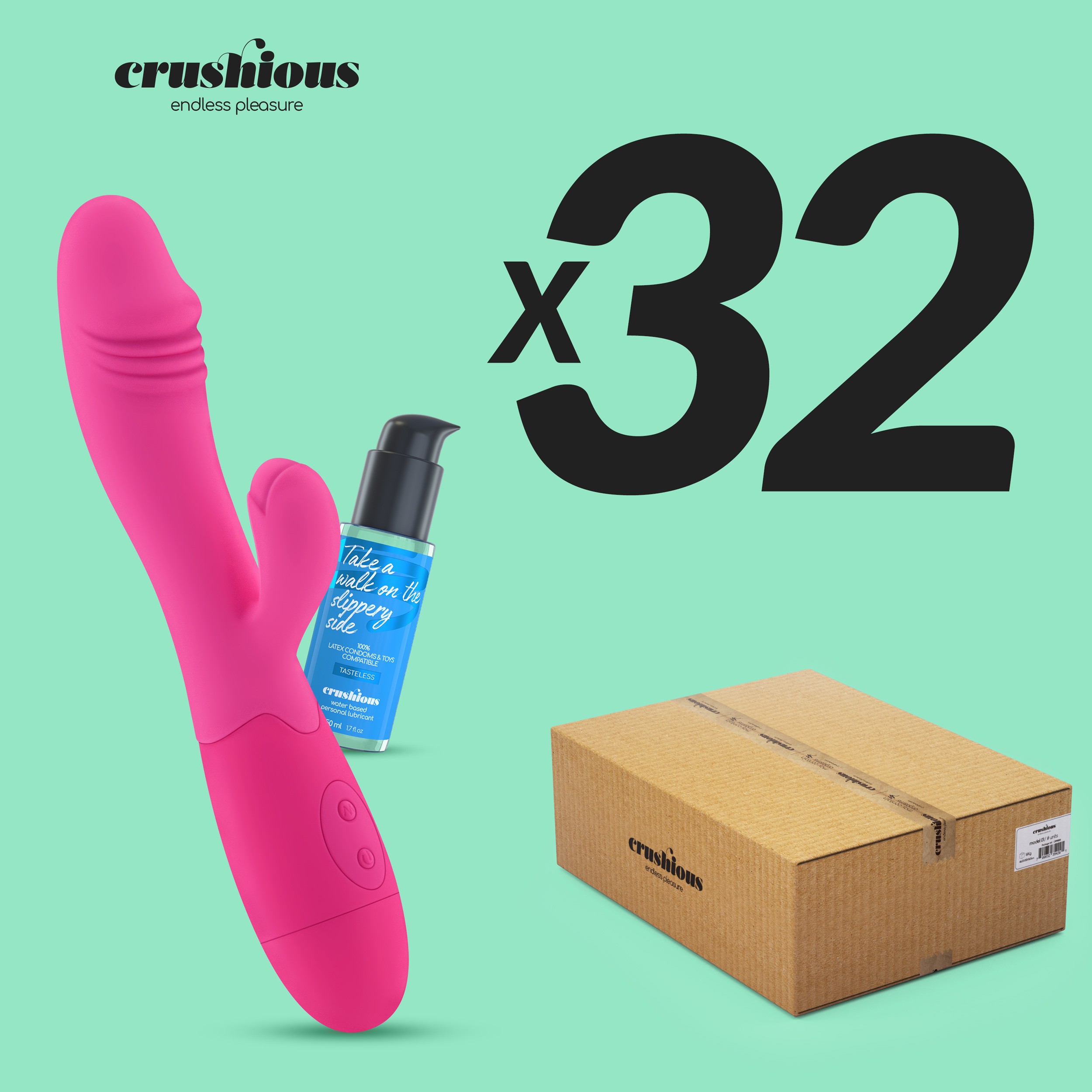 PACK 32 RICARICABILE VIBRATORE CON FIORI ROSA CALDO STIMOLATORE CLITORIDEO E LUBRIFICANTE A BASE D&#039;ACQUA INCLUSO CRUSHIOUS