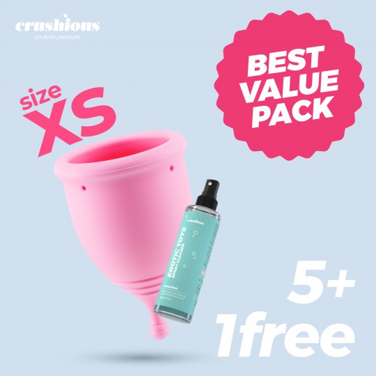 PACK 5 + 1 FREE CRUSHIOUS MINERVA XS MENSTRUAL CUP WITH POUCH AND TOY CLEANER 150 ML