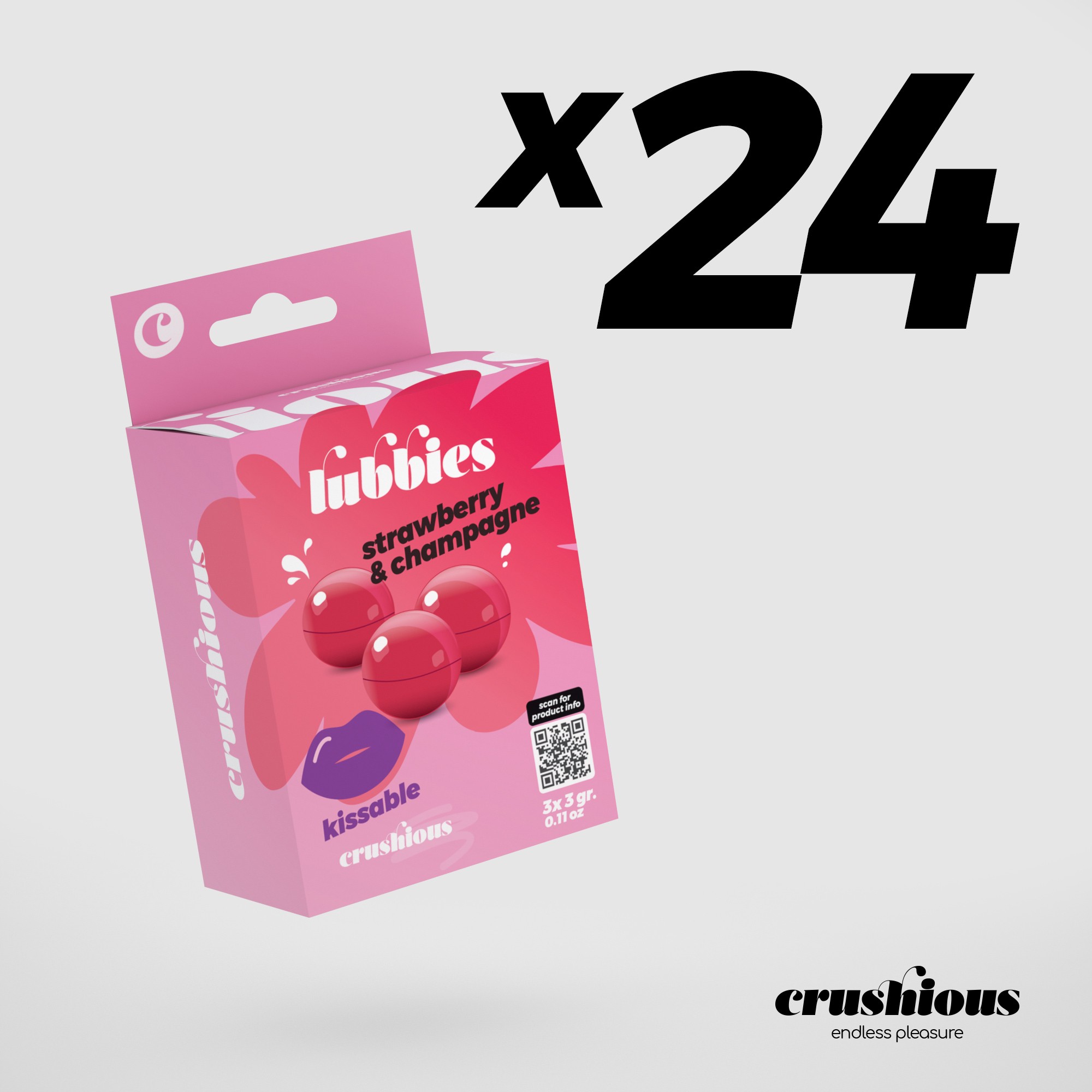 PACK DE 24 LUBBIES BOLINHAS DE ÓLEO BEIJÁVEIS MORANGO &amp; CHAMPANHE CRUSHIOUS