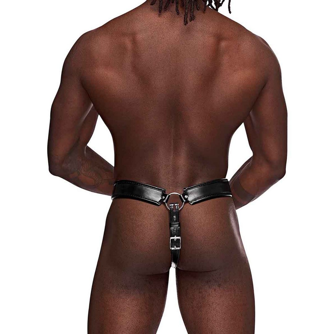 TAURUS - STRING CAGE DE CHASTETÉ EN SIMILI CUIR NOIR MALE POWER