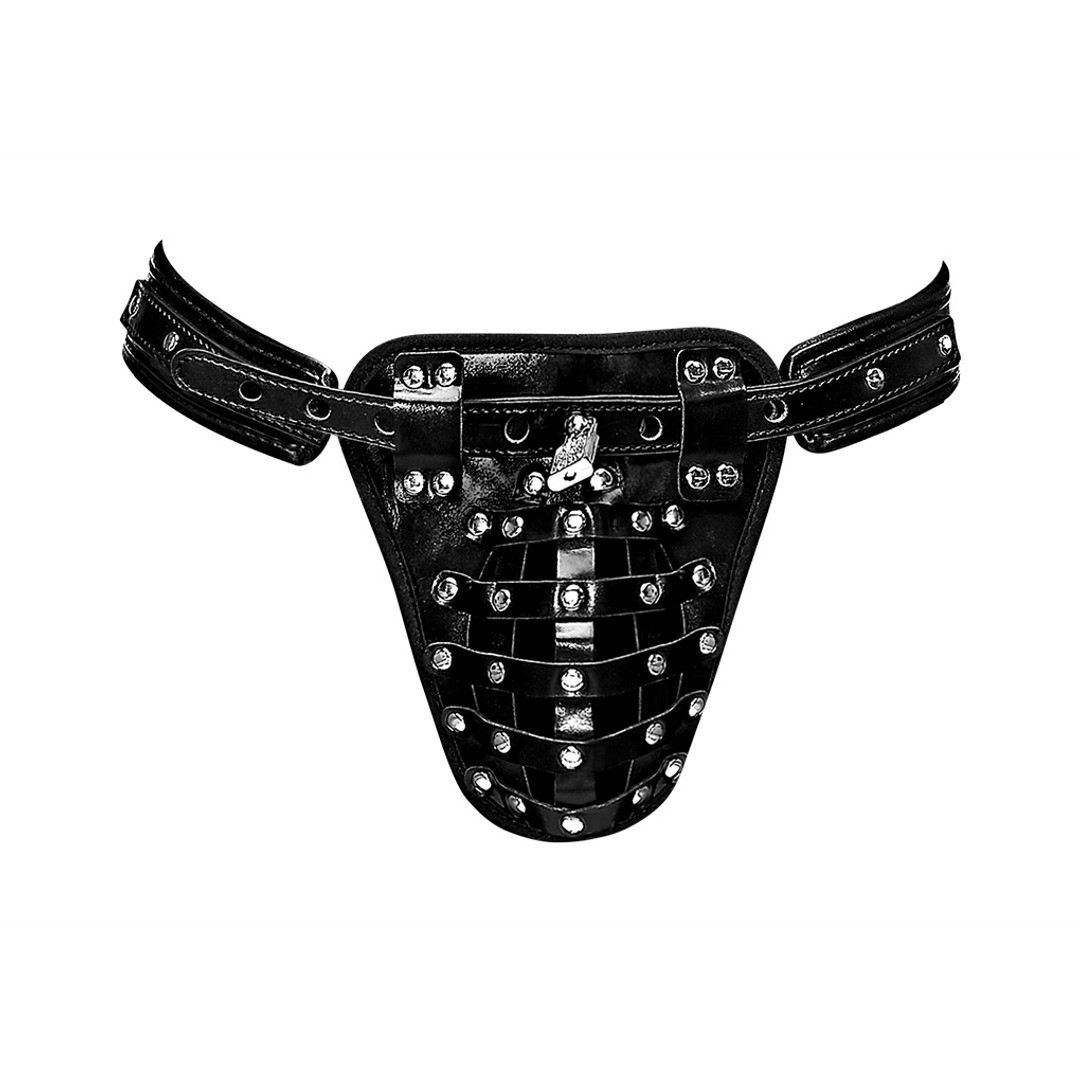 TAURUS - STRING CAGE DE CHASTETÉ EN SIMILI CUIR NOIR MALE POWER