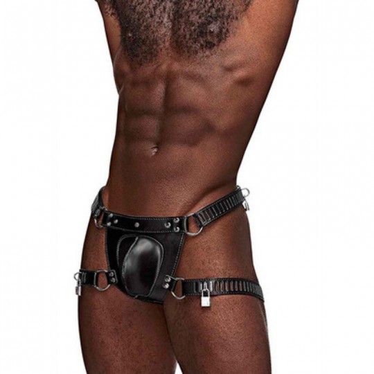 SCORPIO - IMITATION LEATHER CHASTITY THONG BLACK