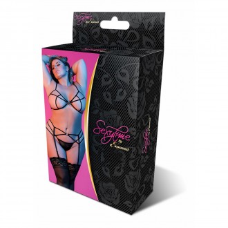 BRA, GARTER AND G-STRING SET WITH RINGS AND STRAPS - 2X - BLACK