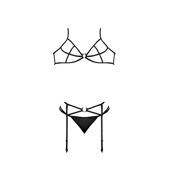 BRA, GARTER AND G-STRING SET WITH RINGS AND STRAPS BLACK