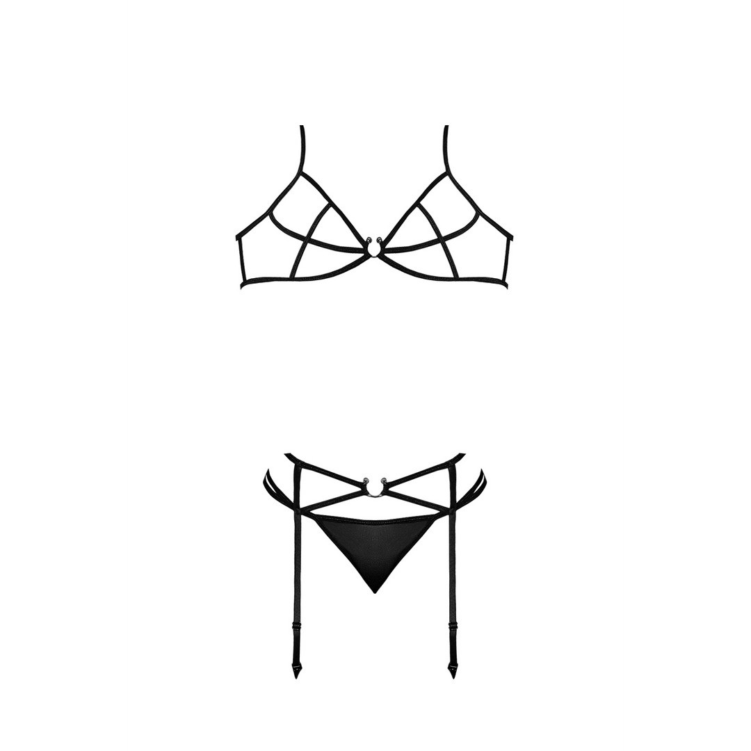 BRA, GARTER AND G-STRING SET WITH RINGS AND STRAPS BLACK