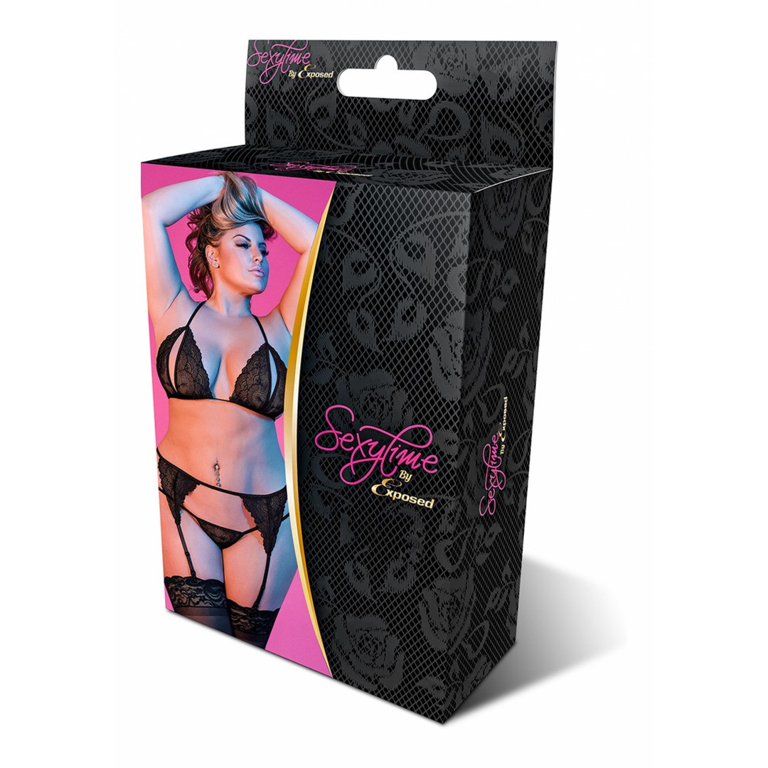 PEEK-A-BOO BRA, GARTER AND G-STRING SET - 2X - BLACK