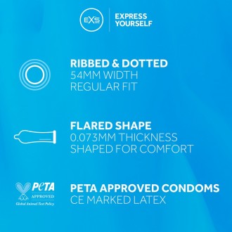 EXS 3 IN 1 - RIBBED, DOTTED AND FLARED - CONDOMS - 144 PIECES