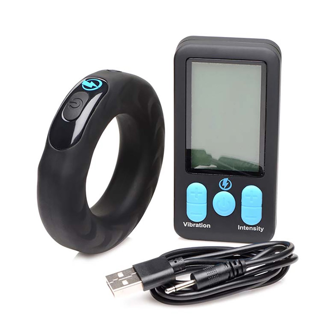 VIBRATING AND E-STIM SILICONE COCKRING + REMOTE CONTROL