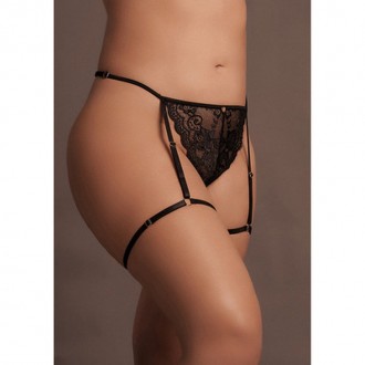 MARIE - LACE THONG WITH GARTER , ADJUSTABLE SLIDERS AND GOLDEN DETAILS - PLUS SIZE