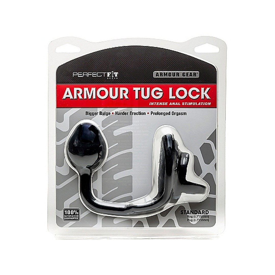 ARMOR TUG LOCK - COCKRING WITH BALL STRAP AND BUTT PLUG - MEDIUM