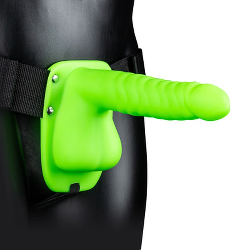 GLOW IN THE DARK RIBBED HOLLOW STRAP-ON WITH BALLS - 8 / 21 CM