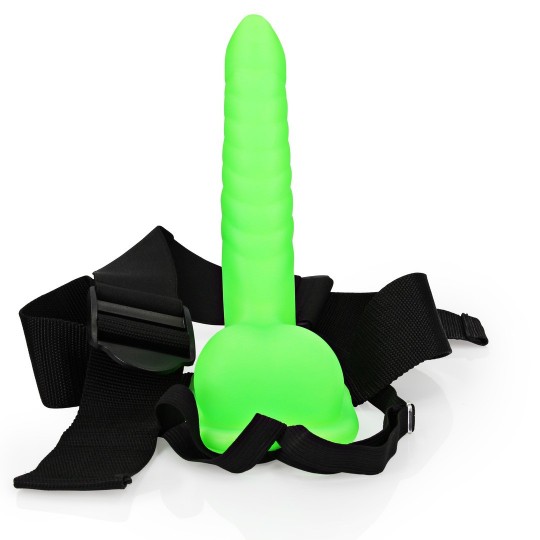 GLOW IN THE DARK RIBBED HOLLOW STRAP-ON WITH BALLS - 8 / 21 CM