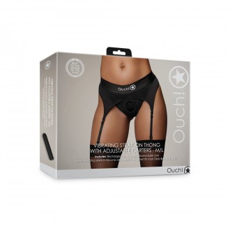 VIBRATING STRAP-ON THONG WITH ADJUSTABLE GARTERS - BLACK