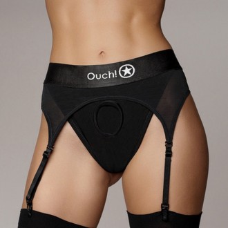 VIBRATING STRAP-ON THONG WITH ADJUSTABLE GARTERS - BLACK