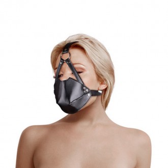 HEAD HARNESS WITH MOUTH COVER AND SOLID BALL GAG - BLACK